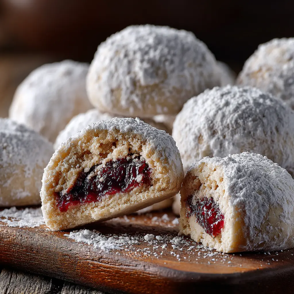 A beautiful arrangement of raspberry-filled almond snowball cookies resting on a rustic wooden board, generously dusted with powdered sugar. (Raspberry Filled Snowball Cookies)