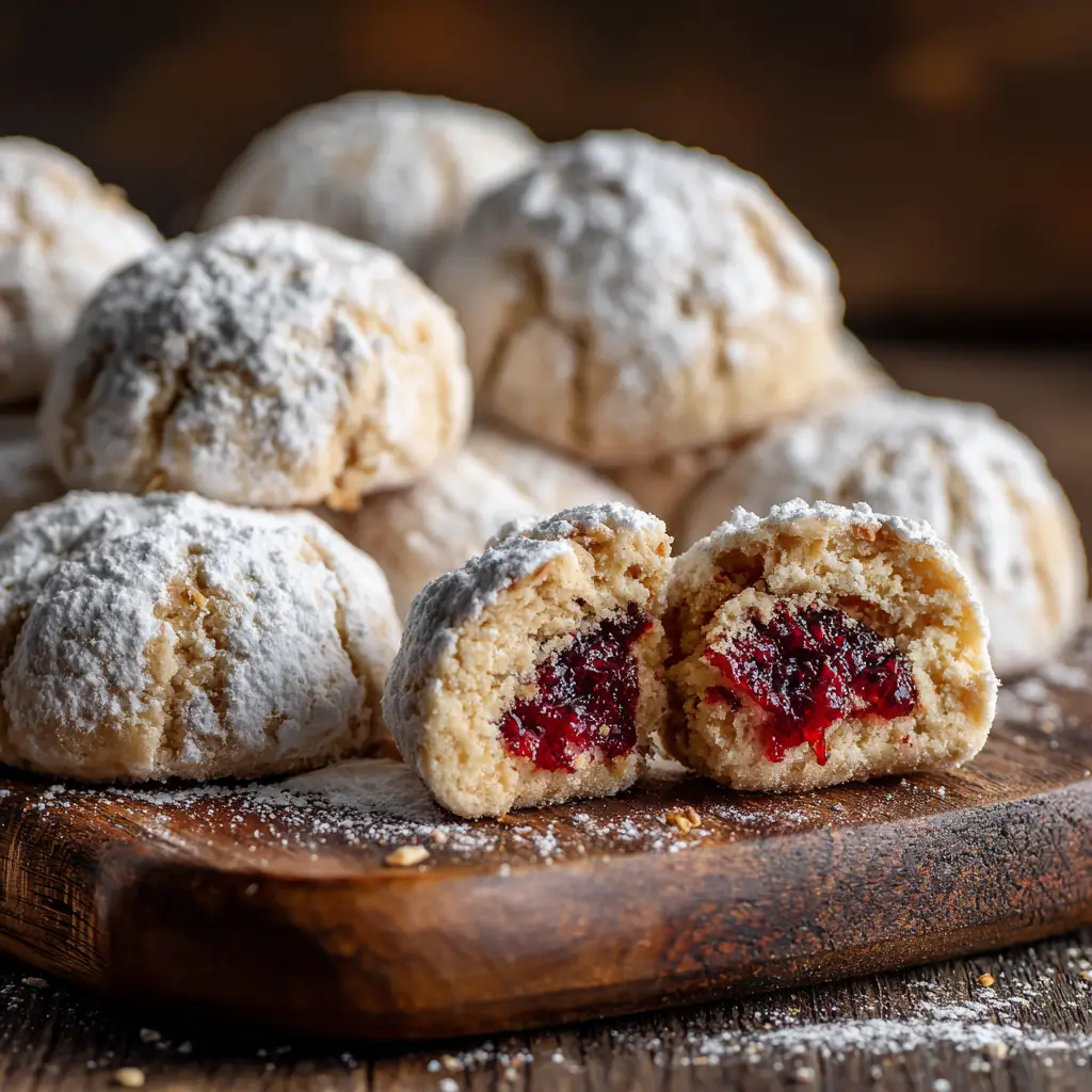 A macro shot of a raspberry filled snowball cookie cut in half, emphasizing the crumbly, buttery texture and the vibrant raspberry filling.