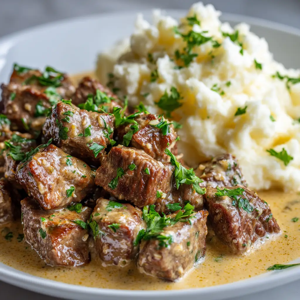 A macro shot showcasing the texture of hearty garlic butter steak bites simmering in a pan with creamy parmesan sauce.