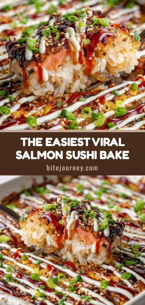 A warm and creamy salmon sushi bake recipe in a casserole dish, topped with spicy mayo, unagi sauce, scallions, and sesame seeds.