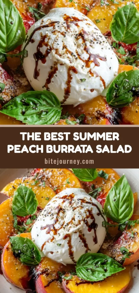 A handheld smartphone photo of a Peach Burrata Salad in a white bowl with balsamic drizzle and fresh basil.
