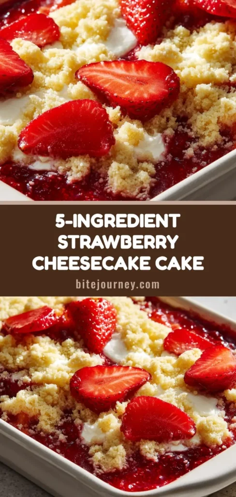 A close-up shot of a Strawberry Cheesecake Dump Cake in a white dish showing golden-brown yellow cake mix crumble and bubbling red strawberry sauce.