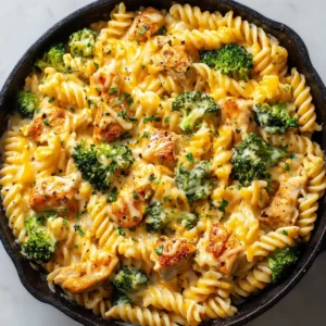 Top-down view of Cheesy Ranch Chicken Pasta with golden chicken and pale orange cheddar sauce.