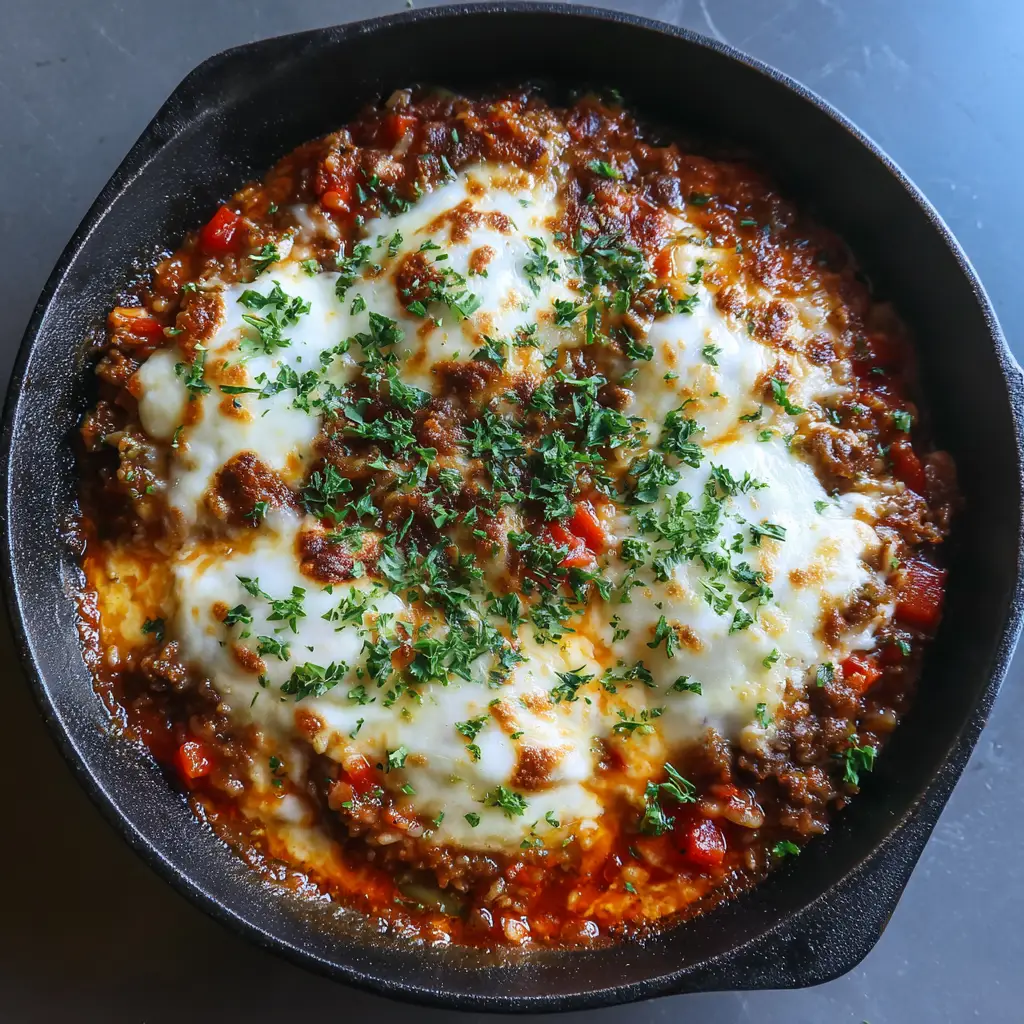 Unstuffed Pepper Skillet: The Easiest 30-Minute Cheesy Dinner 1 Overhead view of melted mozzarella cheese with golden-brown spots on top of an Unstuffed Pepper Skillet.