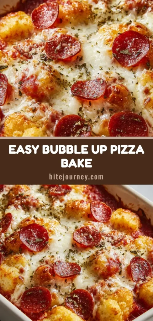 Bubble Up Pizza Casserole: The Ultimate Cheesy Family Dinner Recipe 4 A close-up vertical shot of a cheesy Bubble Up Pizza Casserole in a white dish with crispy pepperoni and golden-brown biscuits.