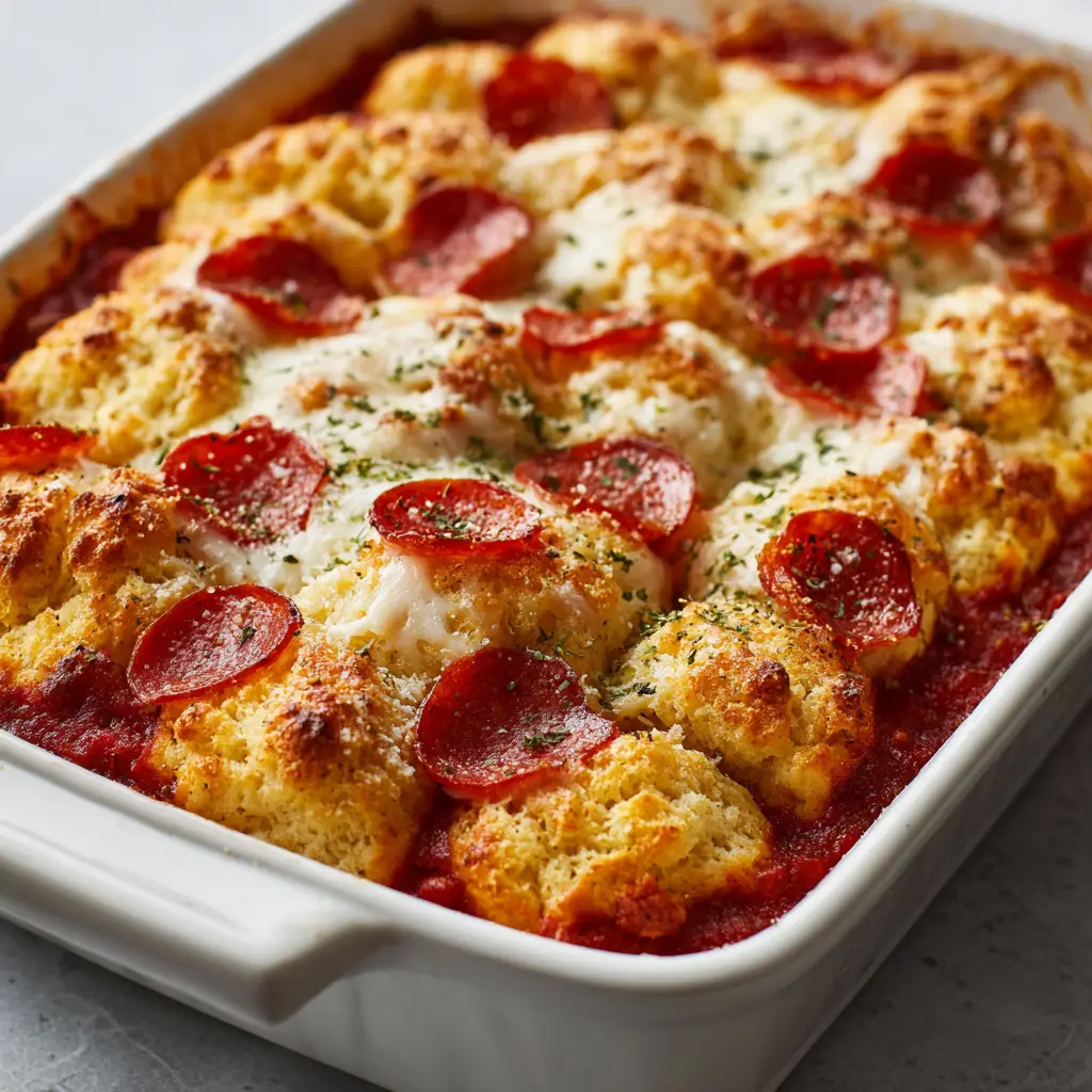 Close-up of Bubble Up Pizza Casserole showing bubbly mozzarella cheese and crispy-edged pepperoni slices.