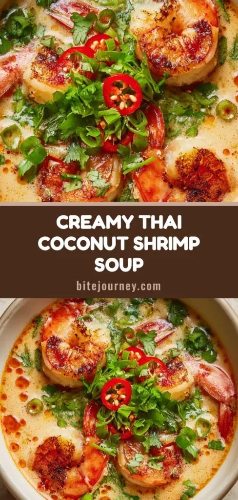 A white ceramic bowl filled with pale orange Thai Coconut Shrimp Soup garnished with cilantro, scallions, and red chili oil droplets.