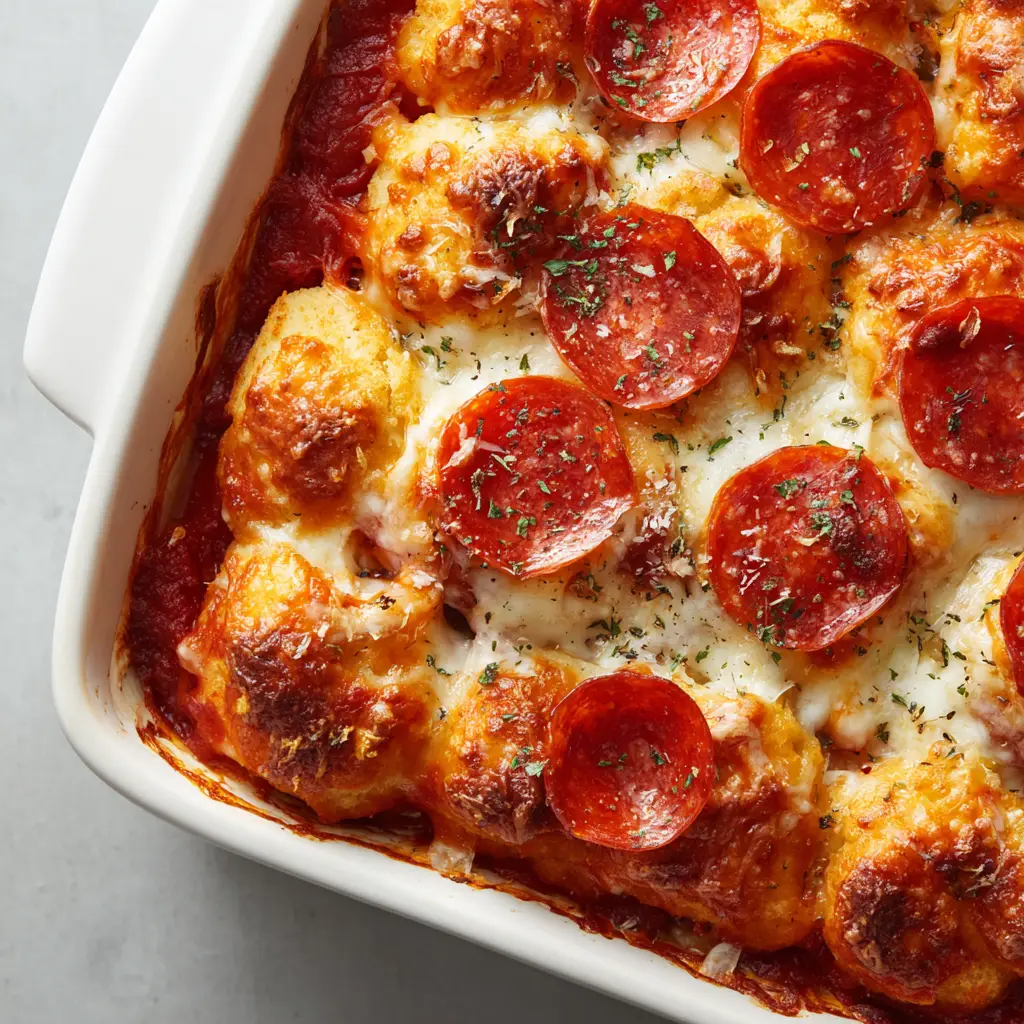 Bubble Up Pizza Casserole: The Ultimate Cheesy Family Dinner Recipe 1 Bubble Up Pizza Casserole in a ceramic dish showing the soft doughy interior and golden biscuit tops.