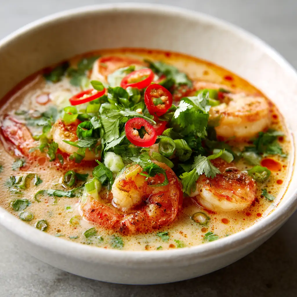 Close-up of succulent pink shrimp in a creamy coconut milk broth with fresh green cilantro garnish. (Thai Coconut Shrimp Soup)