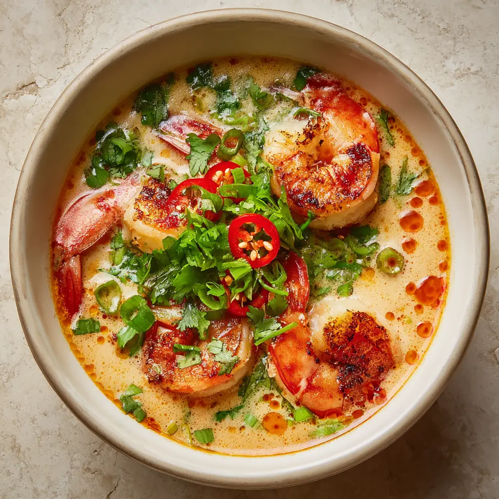 Top view of Thai Coconut Shrimp Soup in a white bowl showing red chili oil droplets and sliced red chili peppers.