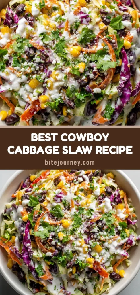 Cowboy Cabbage Slaw with Charred Corn and Creamy Lime Dressing 3 A tall, vertical shot of Cowboy Cabbage Slaw in a white bowl featuring charred corn, black beans, and cotija cheese garnish.