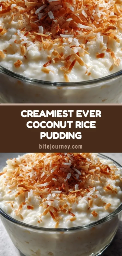 A clear glass bowl overflowing with creamy Coconut Rice Pudding Recipe, topped with a mound of golden toasted coconut flakes and cinnamon dusting.