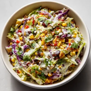 A close-up high-angle shot of Cowboy Cabbage Slaw with glossy creamy dressing and bright yellow charred corn kernels.