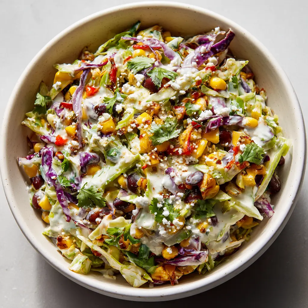A close-up high-angle shot of Cowboy Cabbage Slaw with glossy creamy dressing and bright yellow charred corn kernels.