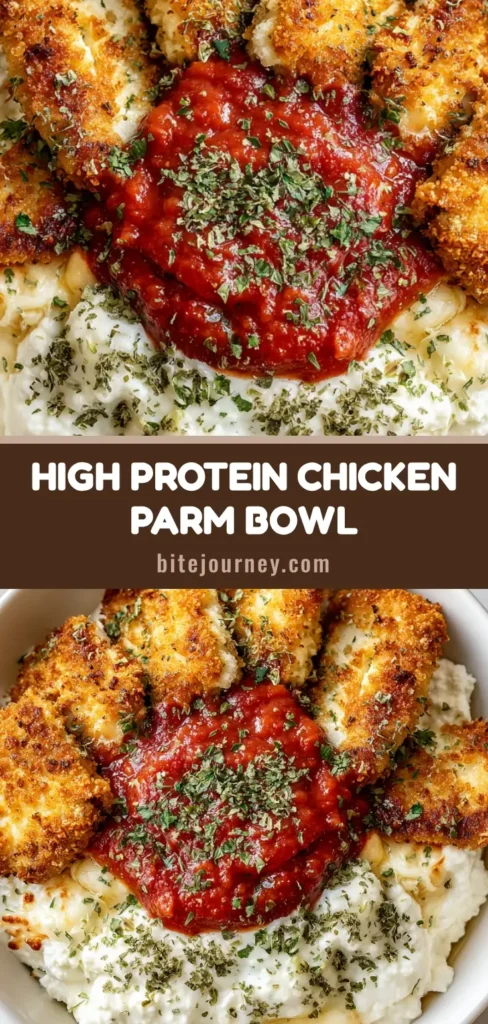 Close-up of a High Protein Chicken Parm Bowl featuring breaded chicken over cottage cheese with melted mozzarella and herbs.