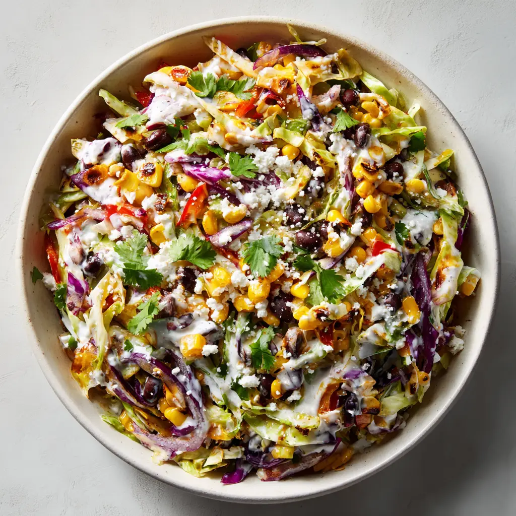 Cowboy Cabbage Slaw with Charred Corn and Creamy Lime Dressing 1 A colorful bowl of Cowboy Cabbage Slaw showcasing red bell peppers, purple cabbage, and a dusting of crumbled cotija cheese.