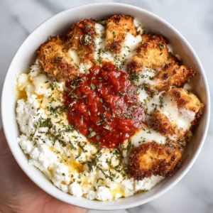 A high-angle shot of a white ceramic bowl filled with High Protein Chicken Parm Bowl components: chicken, marinara, and herbs.