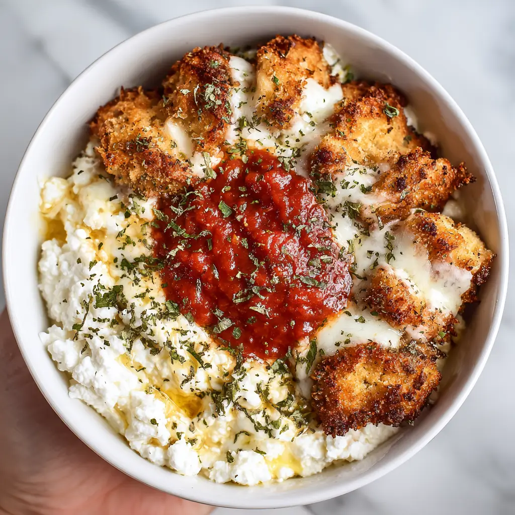 Detailed view of melted mozzarella and dried herbs on a High Protein Chicken Parm Bowl.