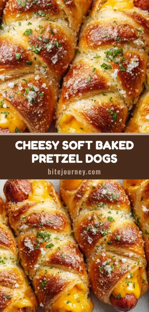 A group of four homemade Cheesy Pretzel Dogs side-by-side on a neutral surface, showcasing deep golden-brown dough and bubbling orange cheddar cheese with sea salt flakes.