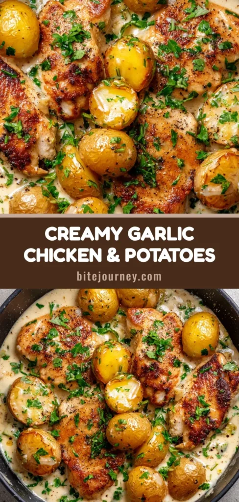 A close-up of Creamy Garlic Chicken in a skillet with golden-brown chicken fillets, crispy halved baby potatoes, and a thick pale-ivory sauce with parsley and black pepper.