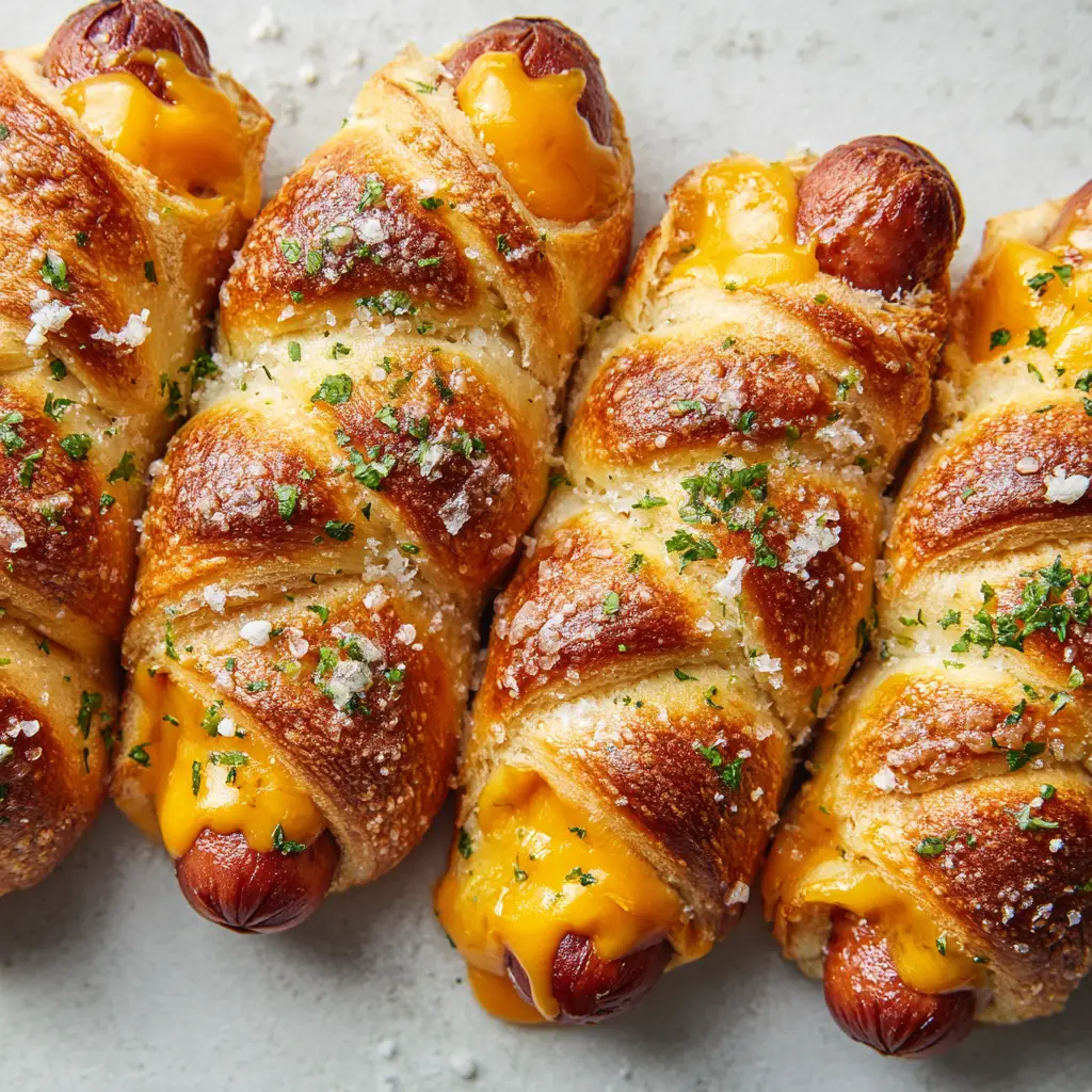 Handheld smartphone photo of four homemade cheesy pretzel dogs with molten cheddar cheese bubbling through the spiral dough and dried parsley garnish.