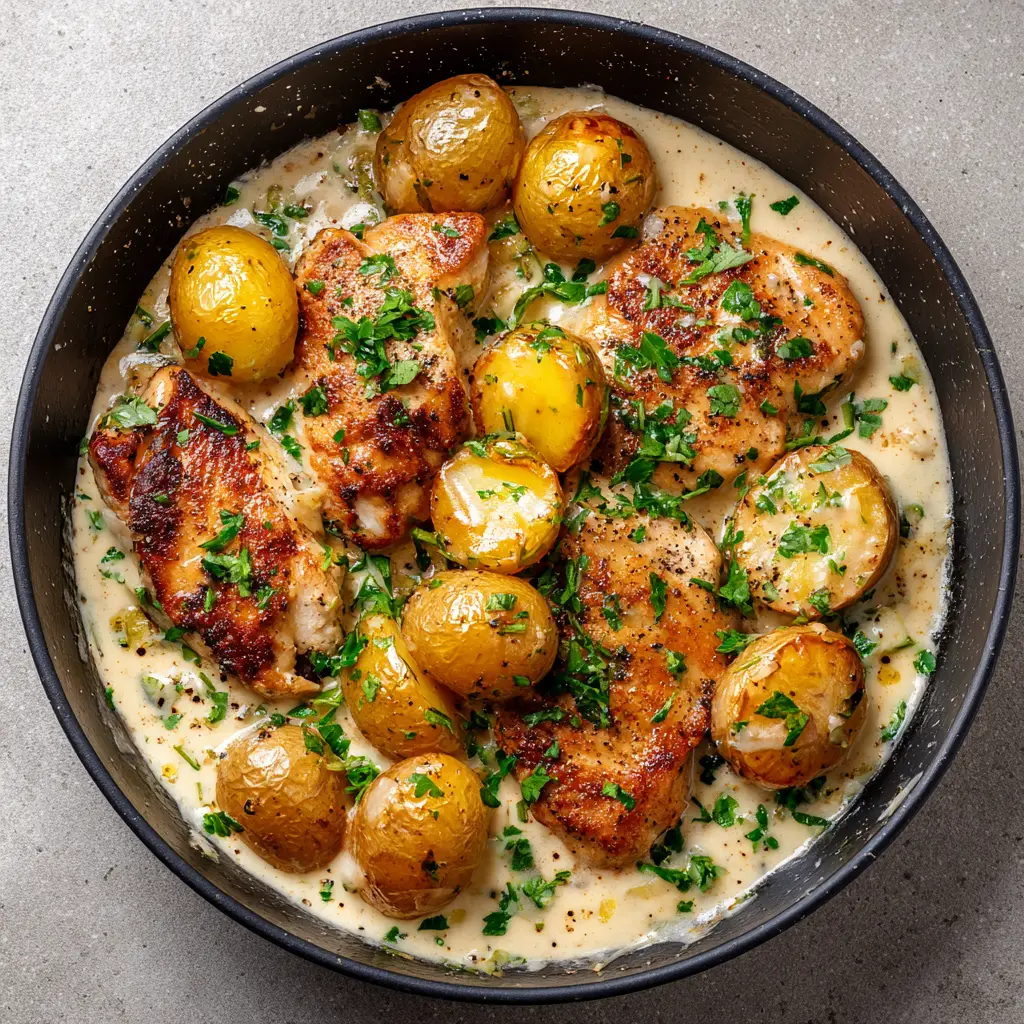 Detailed shot of Creamy Garlic Chicken showing the texture of the charred potato skins and the finely chopped parsley garnish.