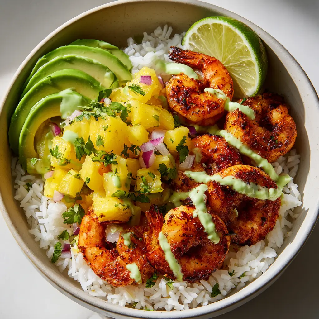 Close-up of spice-rubbed charred shrimp and fresh pineapple salsa in a Shrimp Rice Bowl.