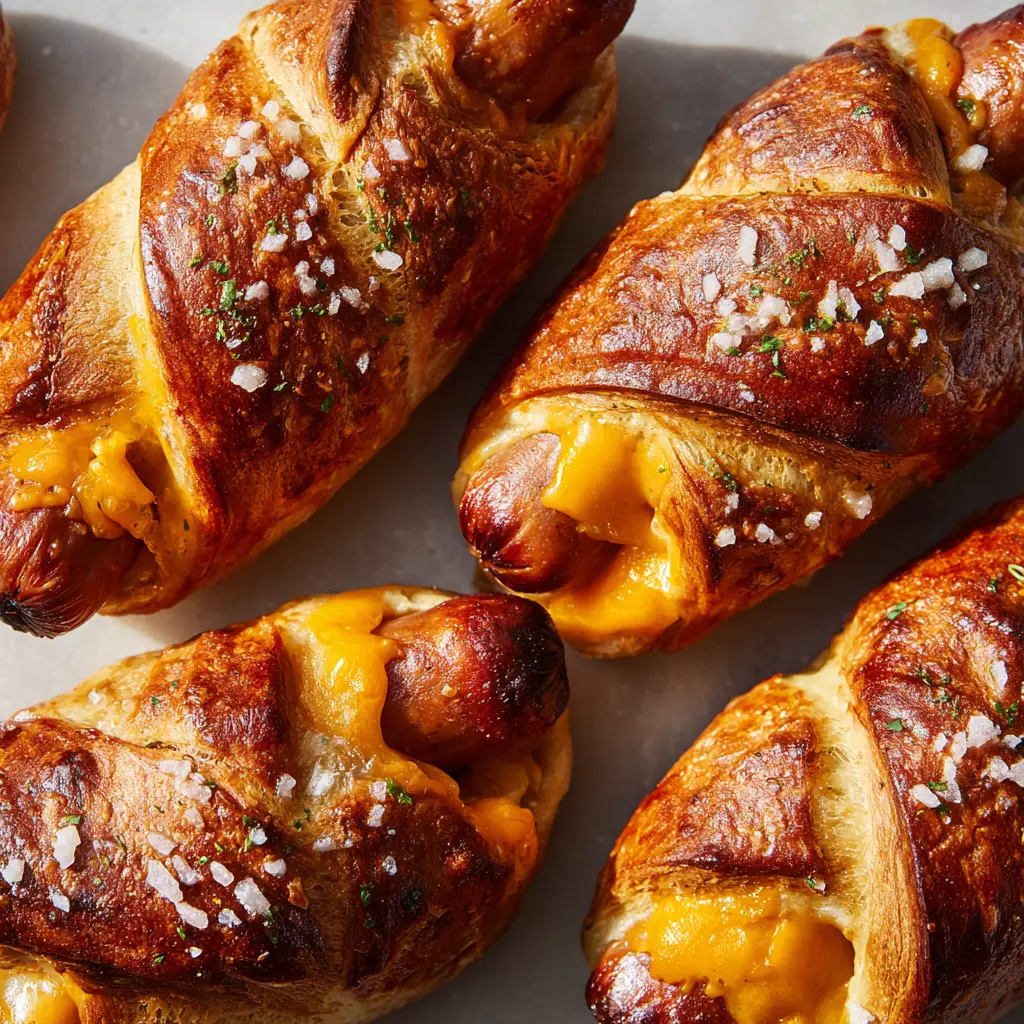 Close-up of golden-brown Cheesy Pretzel Dogs showing the doughy texture and crystalline coarse sea salt grains.