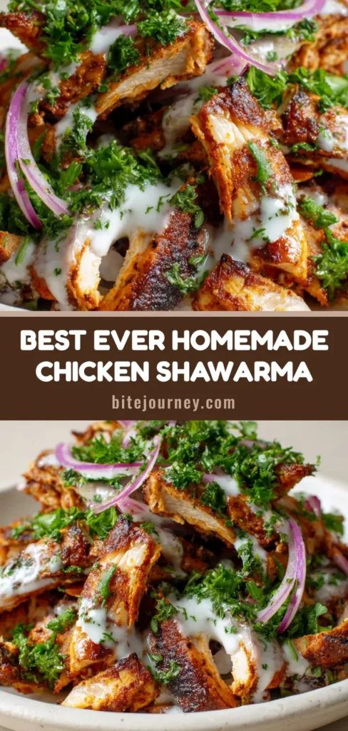 A pile of sliced Chicken Shawarma Recipe strips with deep charred edges and white garlic sauce on a white plate.