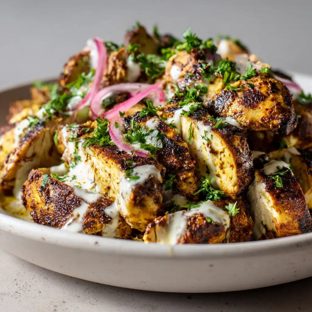 Overhead shot of Chicken Shawarma Recipe on a white ceramic plate topped with red onions and parsley.