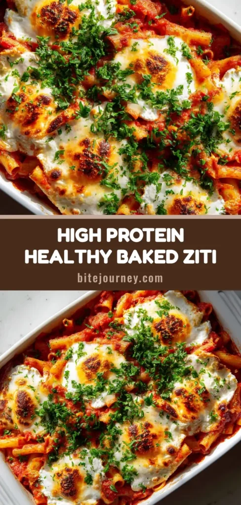 A top-down shot of High Protein Baked Ziti in a white ceramic dish with melted mozzarella, golden-brown charred spots, and fresh parsley.