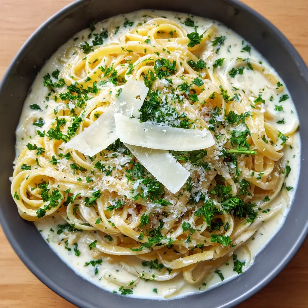 A close-up of glossy linguine noodles in a thick garlic cream sauce within a dark grey pan. (One Pot Creamy Garlic Pasta)