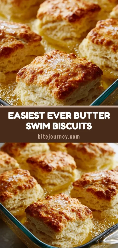 Thick square-cut Butter Swim Biscuits in a bubbling pool of melted butter with a golden-brown craggy crust.