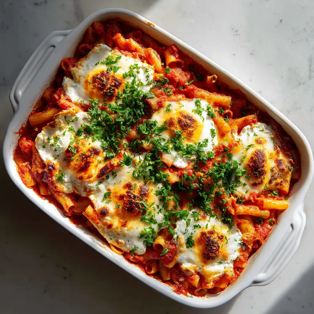 Close-up of High Protein Baked Ziti in a rectangular white ceramic baking dish with visible tomato chunks and parsley.