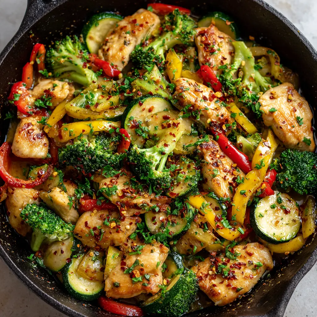 Top-down view of golden chicken and bright vegetables in a Healthy Chicken and Vegetable Skillet.