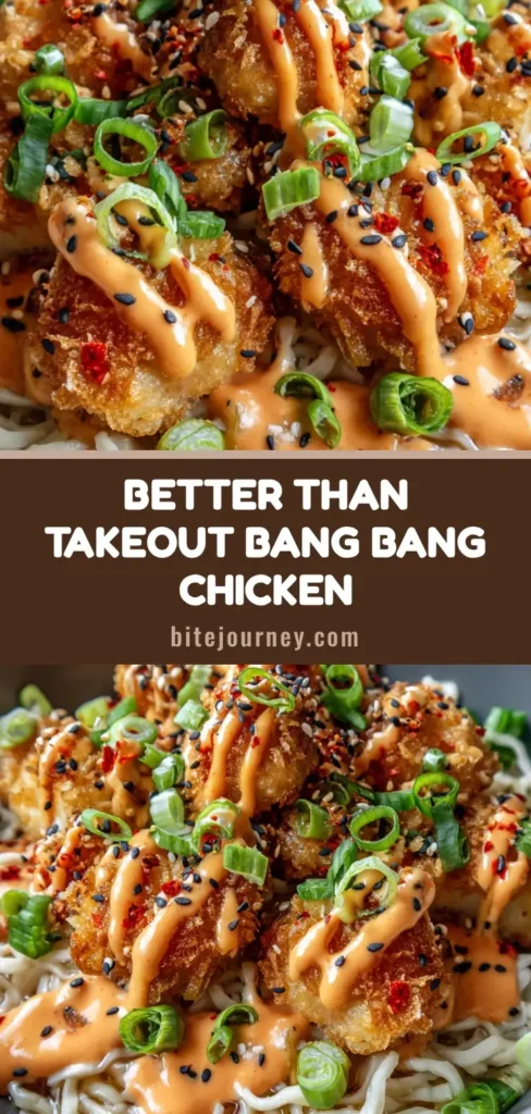 A close-up of a Bang Bang Chicken Noodle Bowl with crispy breaded chicken and creamy orange sauce in a dark bowl. (Bang Bang Chicken Noodle Bowl)