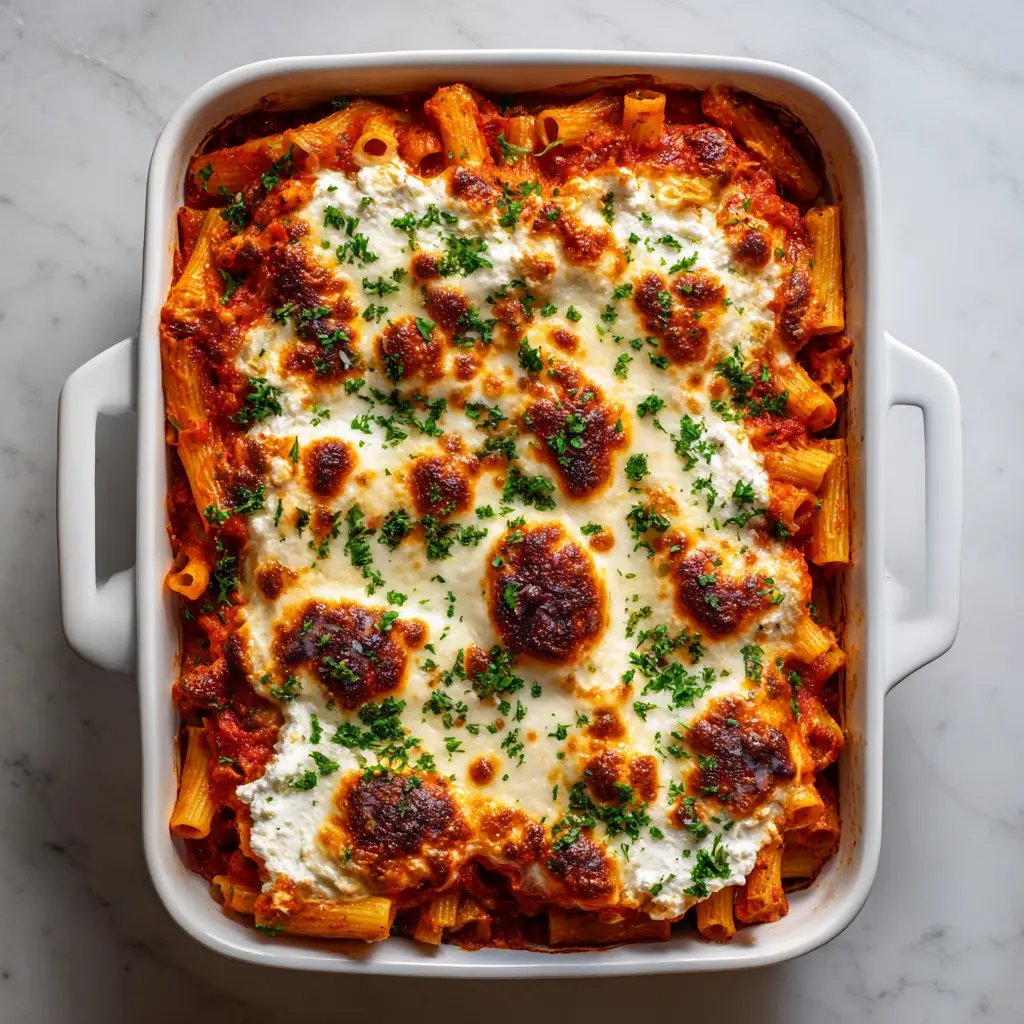 Overhead view of High Protein Baked Ziti showing the creamy dollops of cottage cheese and melted mozzarella spots.