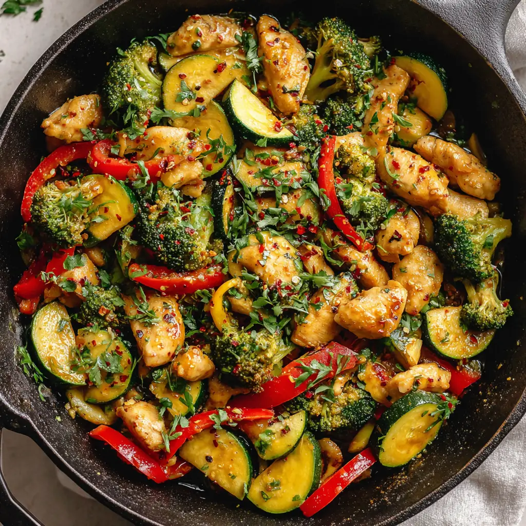 Close up of the minced garlic glaze on a Healthy Chicken and Vegetable Skillet with fresh parsley garnish.