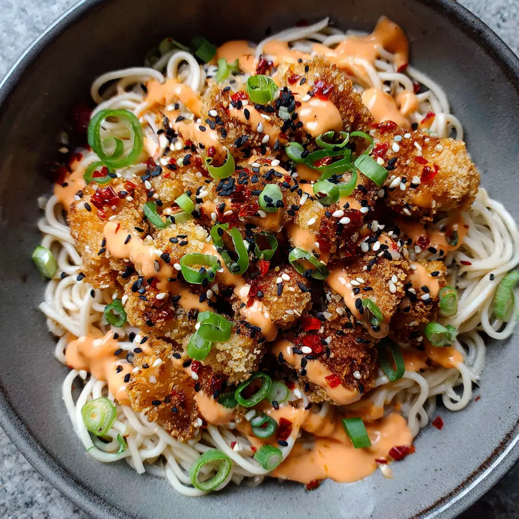 Top-down view of golden-brown crispy chicken on tangled wheat noodles. (Bang Bang Chicken Noodle Bowl)
