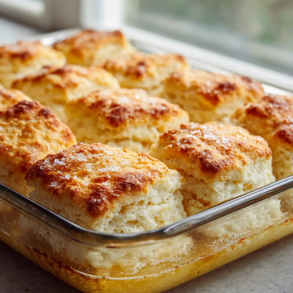 High-angle shot of Butter Swim Biscuits baking in a rectangular glass dish with bubbling butter.
