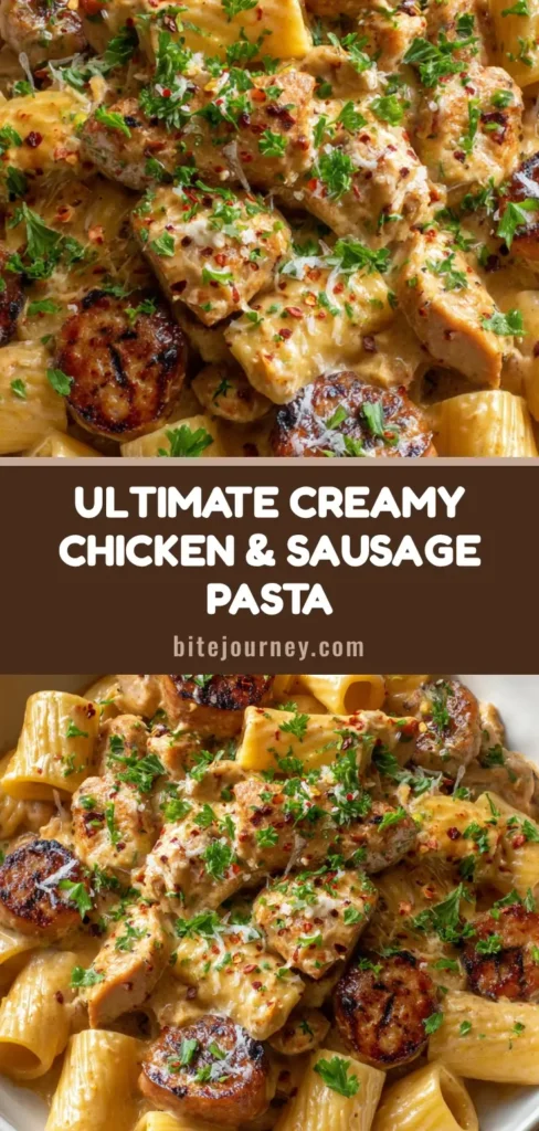 A close-up vertical shot of Creamy Chicken and Sausage Pasta with rigatoni, golden chicken, and browned sausage slices in a glossy sauce.