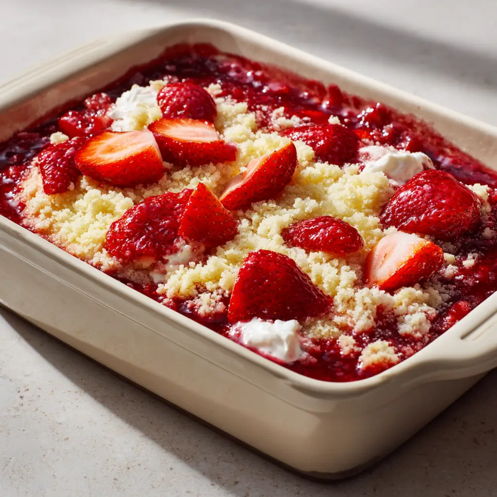 Top down view of a rectangular white ceramic baking dish filled with Strawberry Cheesecake Dump Cake showing whole cooked strawberries.