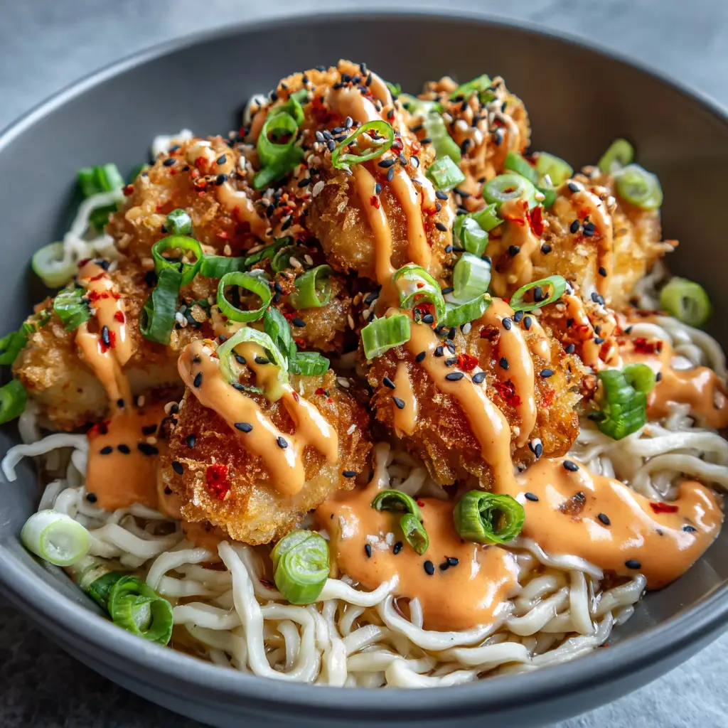 A detailed shot showing the creamy spicy mayo sauce seeping into the wheat noodles. (Bang Bang Chicken Noodle Bowl)