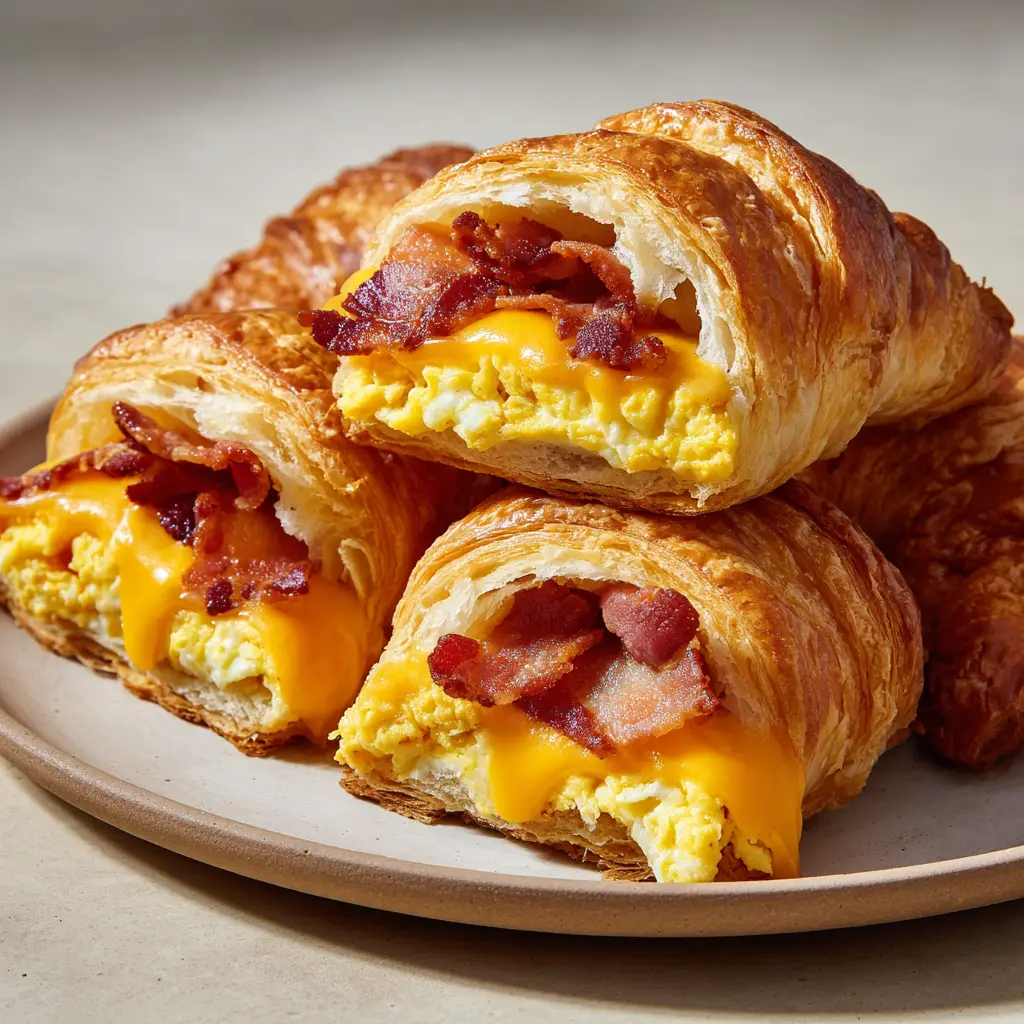 A smartphone photo of flaky Bacon Egg and Cheese Crescent Rolls showing layers of scrambled eggs and melted cheese.