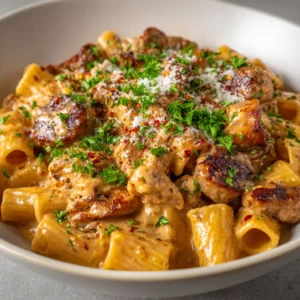 Handheld photo of a white bowl filled with Creamy Chicken and Sausage Pasta, featuring rigatoni and fresh parsley garnish.