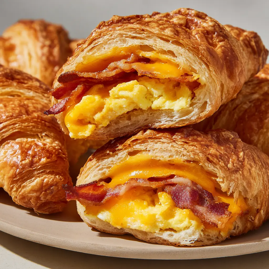Bacon Egg and Cheese Crescent Rolls arranged on a plate under natural light, showing the egg wash sheen.
