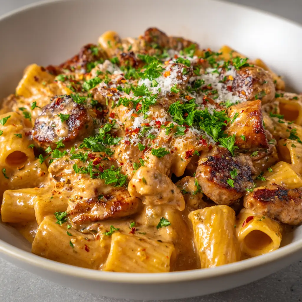 Overhead shot of rigatoni pasta coated in a pale-orange creamy sauce with chunks of seared chicken and Italian sausage.