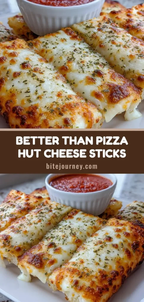 Pizza Hut Cheese Sticks Recipe: The Ultimate Fluffy Copycat 3 A handheld photo showing a close-up of thick, rectangular Pizza Hut Cheese Sticks with bubbly mozzarella, toasted parmesan, and oregano flakes, served with red marinara sauce.