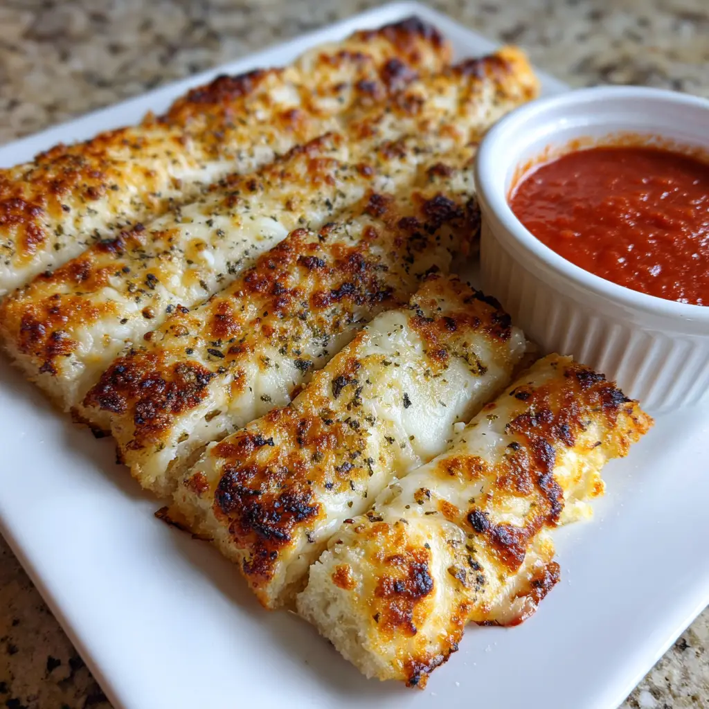 Pizza Hut Cheese Sticks Recipe: The Ultimate Fluffy Copycat 1 Vertical slices of cheesy breadsticks next to a ramekin of red marinara sauce on a stone countertop.