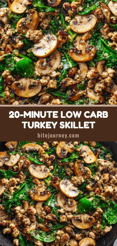 A vertical view of a Ground Turkey Skillet in a cast iron pan featuring browned turkey, sliced mushrooms, and wilted spinach.